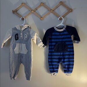 GAP Gray Hoodie Romper and Navy Blue Striped Raglan One-Piece, 6-12 months.
